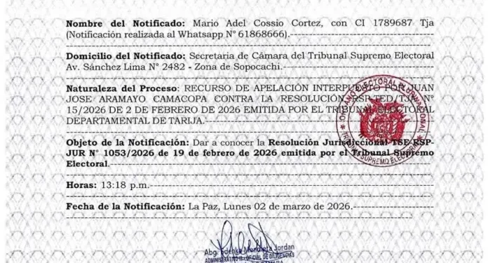 El TSE notifica a Mario Cossio con resolución de inhabilitación por inconsistencias en su residencia