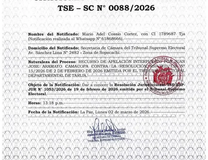 El TSE notifica a Mario Cossio con resolución de inhabilitación por inconsistencias en su residencia