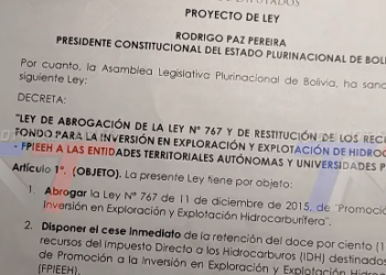 PRESENTA PROYECTO PARA ABROGAR LA LEY 767 Y DEVOLVER EL 12% DEL IDH A TARIJA
