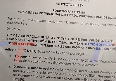PRESENTA PROYECTO PARA ABROGAR LA LEY 767 Y DEVOLVER EL 12% DEL IDH A TARIJA